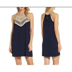 Women's Lily Pulitzer Pearl Soft Dress Size 8 Gold Crochet Halter True Navy Blue